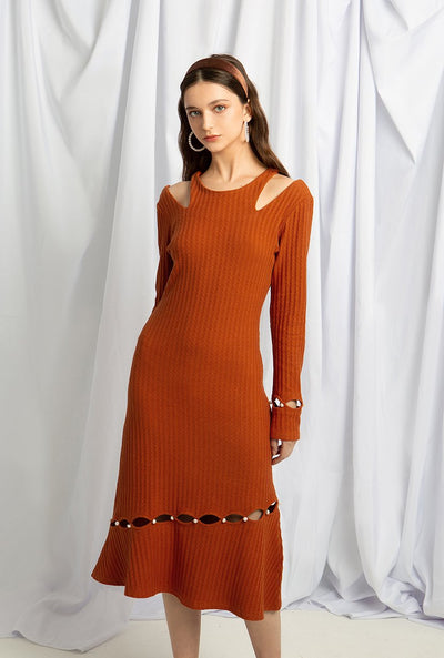 Sovano Cotton Knit Dress - Rust - Above ankle pearl button knit dress - Petite Studio NYC