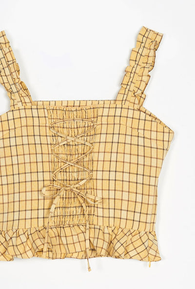 Orlando Top - Yellow Gingham - Yellow Gingham tank top with ruffle hem and shoulder and vintage tie closure - Petite studio NYC