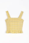 Orlando Top - Yellow Gingham - Yellow Gingham tank top with ruffle hem and shoulder and vintage tie closure - Petite studio NYC