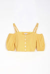 Amie Top - Lemon - lemon-colored button down off shoulder cropped top with adjustable shoulder straps, sweet heart neckline and puff short sleeve - Petite studio NYC