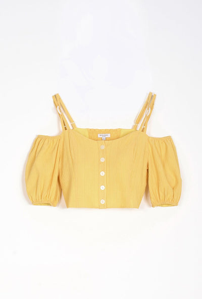 Amie Top - Lemon - lemon-colored button down off shoulder cropped top with adjustable shoulder straps, sweet heart neckline and puff short sleeve - Petite studio NYC