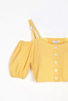 Amie Top - Lemon - lemon-colored button down off shoulder cropped top with adjustable shoulder straps, sweet heart neckline and puff short sleeve - Petite studio NYC