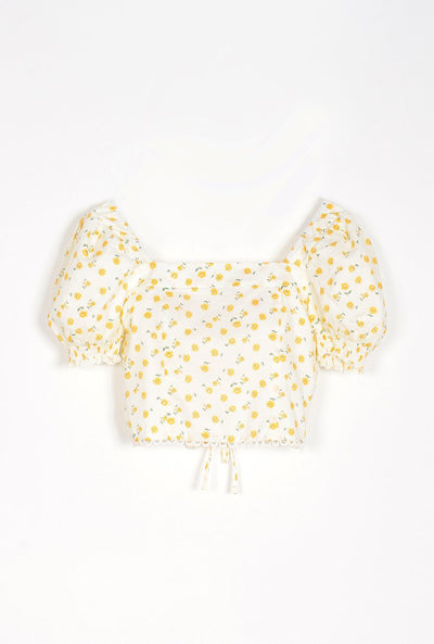 Emily Cotton Top - Daisy Print - daisy print square nect crop top with puff sleeve and ribbon closure at the back opening -Petite Studio NYC