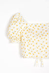 Emily Cotton Top - Daisy Print - daisy print square nect crop top with puff sleeve and ribbon closure at the back opening -Petite Studio NYC