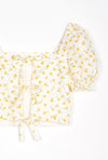 Emily Cotton Top - Daisy Print - daisy print square nect crop top with puff sleeve and ribbon closure at the back opening -Petite Studio NYC