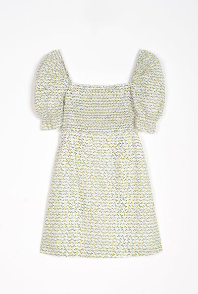 Aniston Cotton Dress - Lemon Tree - lemon tree printed square neckline smocked dress with puff short sleeve with ruffle hem - Petite Studio NYC