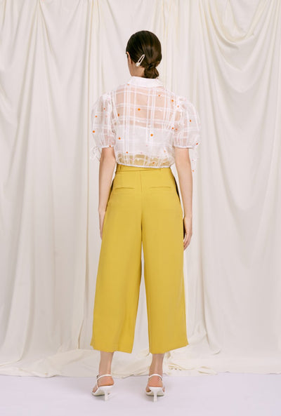 Fuschia Pants - Mustard - mustard yellow wide leg pants with high paperbag waist - Petite Studio NYC