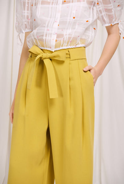 Fuschia Pants - Mustard - mustard yellow wide leg pants with high paperbag waist - Petite Studio NYC