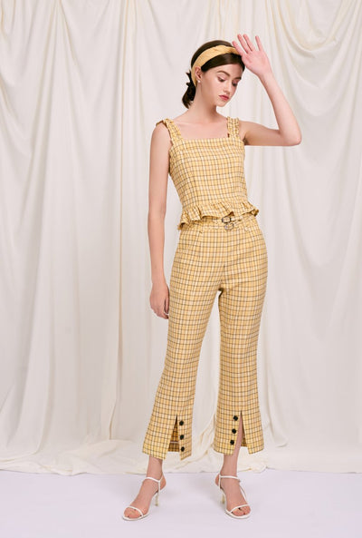 Orlando Top - Yellow Gingham - Yellow Gingham tank top with ruffle hem and shoulder and vintage tie closure - Petite studio NYC