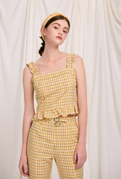 Orlando Top - Yellow Gingham - Yellow Gingham tank top with ruffle hem and shoulder and vintage tie closure - Petite studio NYC