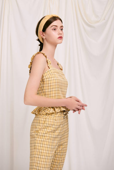 Orlando Top - Yellow Gingham - Yellow Gingham tank top with ruffle hem and shoulder and vintage tie closure - Petite studio NYC