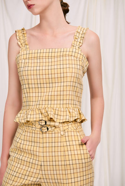 Orlando Top - Yellow Gingham - Yellow Gingham tank top with ruffle hem and shoulder and vintage tie closure - Petite studio NYC