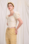 Emily Cotton Top - Daisy Print - daisy print square nect crop top with puff sleeve and ribbon closure at the back opening -Petite Studio NYC