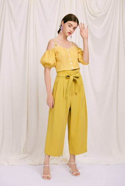 Amie Top - Lemon - lemon-colored button down off shoulder cropped top with adjustable shoulder straps, sweet heart neckline and puff short sleeve - Petite studio NYC