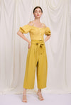 Amie Top - Lemon - lemon-colored button down off shoulder cropped top with adjustable shoulder straps, sweet heart neckline and puff short sleeve - Petite studio NYC