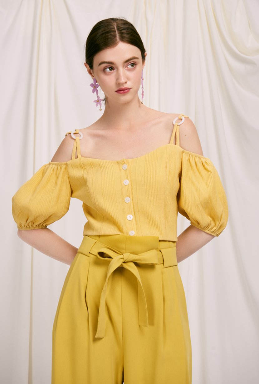 Amie Top - Lemon - lemon-colored button down off shoulder cropped top with adjustable shoulder straps, sweet heart neckline and puff short sleeve - Petite studio NYC