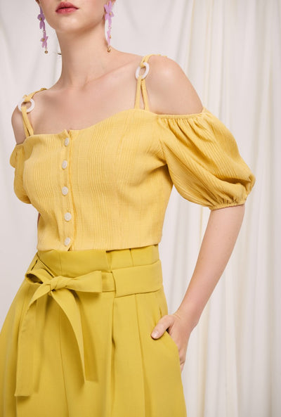 Amie Top - Lemon - lemon-colored button down off shoulder cropped top with adjustable shoulder straps, sweet heart neckline and puff short sleeve - Petite studio NYC