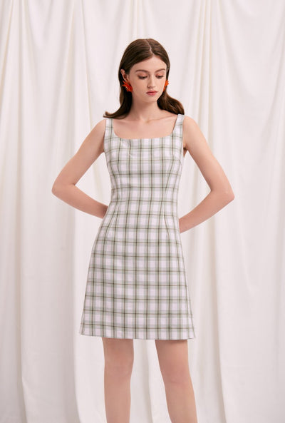 Isla Dress - Mint Gingham - Mint Gingham mini dress with back crossover strap - Petite studio NYC