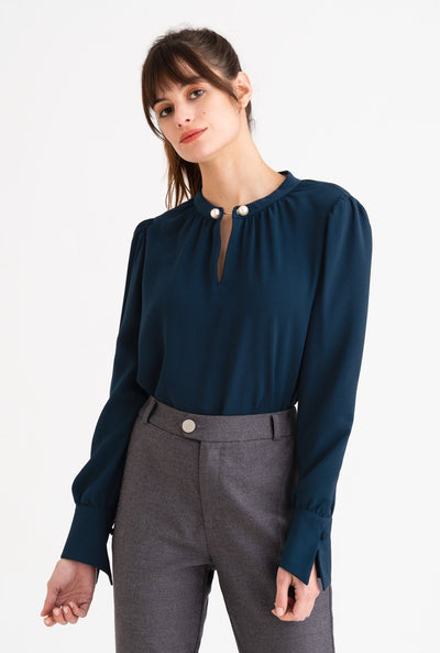 Buvette Pearl Blouse-Navy-navy pearl detailed long-sleeve blouse-Petite Studio NYC