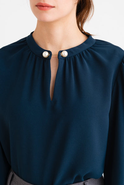 Buvette Pearl Blouse-Navy-navy pearl detailed long-sleeve blouse-Petite Studio NYC