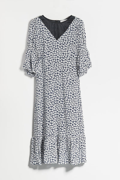 Ashe Dress - Navy Floral - Round neck fabric combo midi dress - Petite Studio NYC