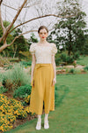 Fuschia Pants - Mustard - mustard yellow wide leg pants with high paperbag waist - Petite Studio NYC