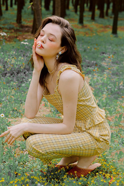 Orlando Top - Yellow Gingham - Yellow Gingham tank top with ruffle hem and shoulder and vintage tie closure - Petite studio NYC