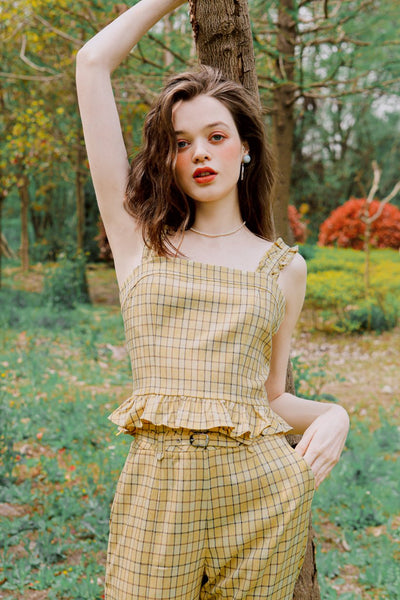 Orlando Top - Yellow Gingham - Yellow Gingham tank top with ruffle hem and shoulder and vintage tie closure - Petite studio NYC