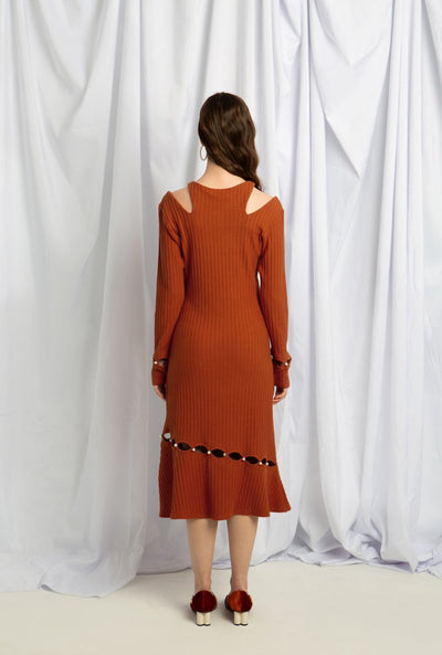 Sovano Cotton Knit Dress - Rust - Above ankle pearl button knit dress - Petite Studio NYC