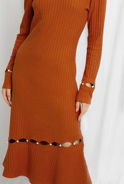 Sovano Cotton Knit Dress - Rust - Above ankle pearl button knit dress - Petite Studio NYC