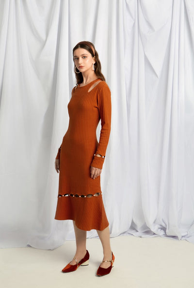 Sovano Cotton Knit Dress - Rust - Above ankle pearl button knit dress - Petite Studio NYC