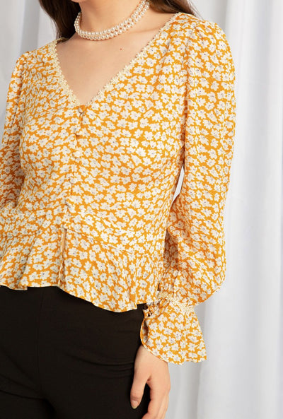 Oslo Top - Mustard Floral - V neck floral top - Petite Studio NYC