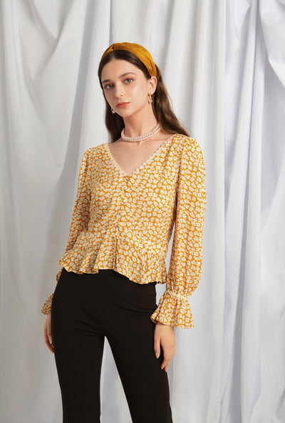 Oslo Top - Mustard Floral - V neck floral top - Petite Studio NYC