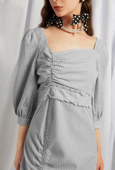 Roxy Cotton Dress - Blue Gingham - Midi dress with self-cinching front , ruffled hem detail at waistband, three-quarter balloon sleeve, asymmetrical square neckline - Petite Studio NYC