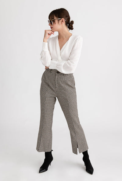 Bennet Pants - Grey Plaid - High waisted slim fit hem slit wool blend pants - Petite Studio NYC