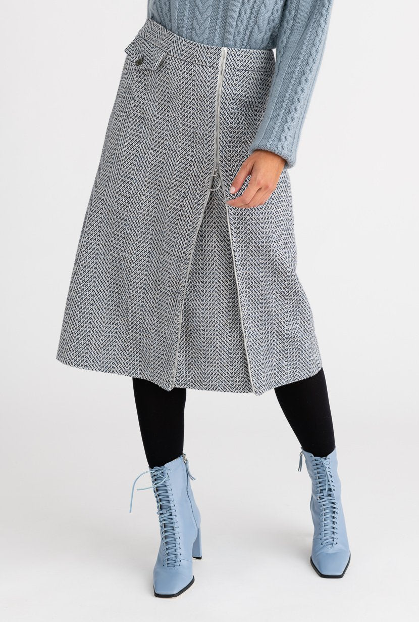 Mercer Skirt - Houndstooth - Houndstooth A-line tweed skirt with adjustable zipper opening in the front - Petite Studio NYC