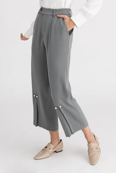 Belda Pants - Steel - Pearl detailed high-waist straight fit suit pants - Petite Studio NYC