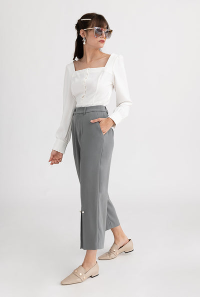 Belda Pants - Steel - Pearl detailed high-waist straight fit suit pants - Petite Studio NYC