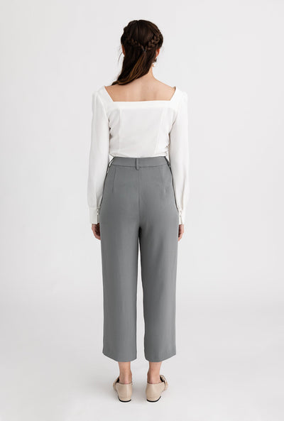 Belda Pants - Steel- Pearl detailed high-waist straight fit suit pants - Petite Studio NYC